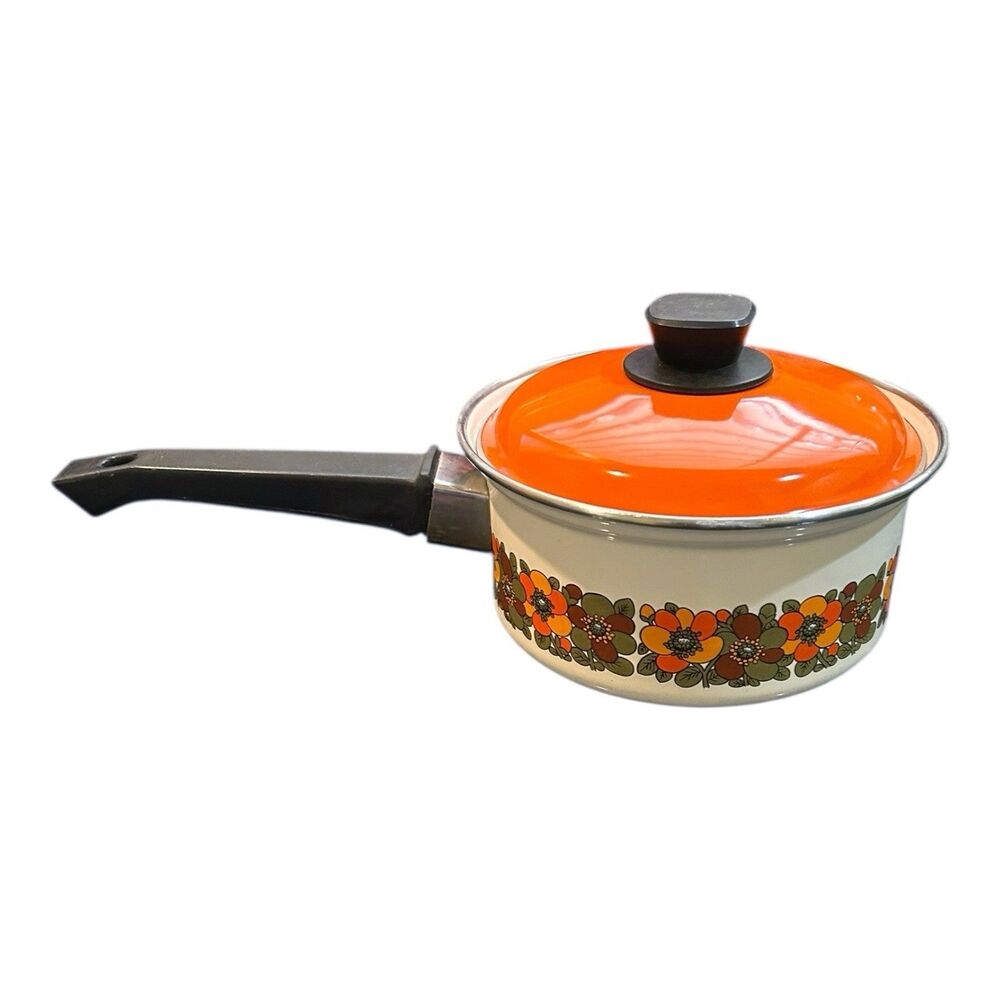 Austria Email VTG Saucepan Orange Flowers 7"